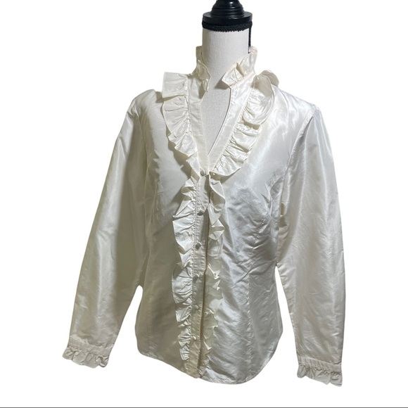 J McLaughlin button down silk ruffle blouse. Long sleeve cream color size 8. - Picture 1 of 9
